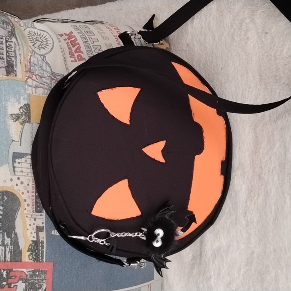 Gothic Handcrafted Limited Design Pumpkin Crossbody Bag With Bat Keychain.